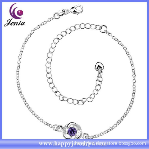 New trendy fashion jewelry purple zircon 925 silver plated indian anklet jewelry (CA035-C)